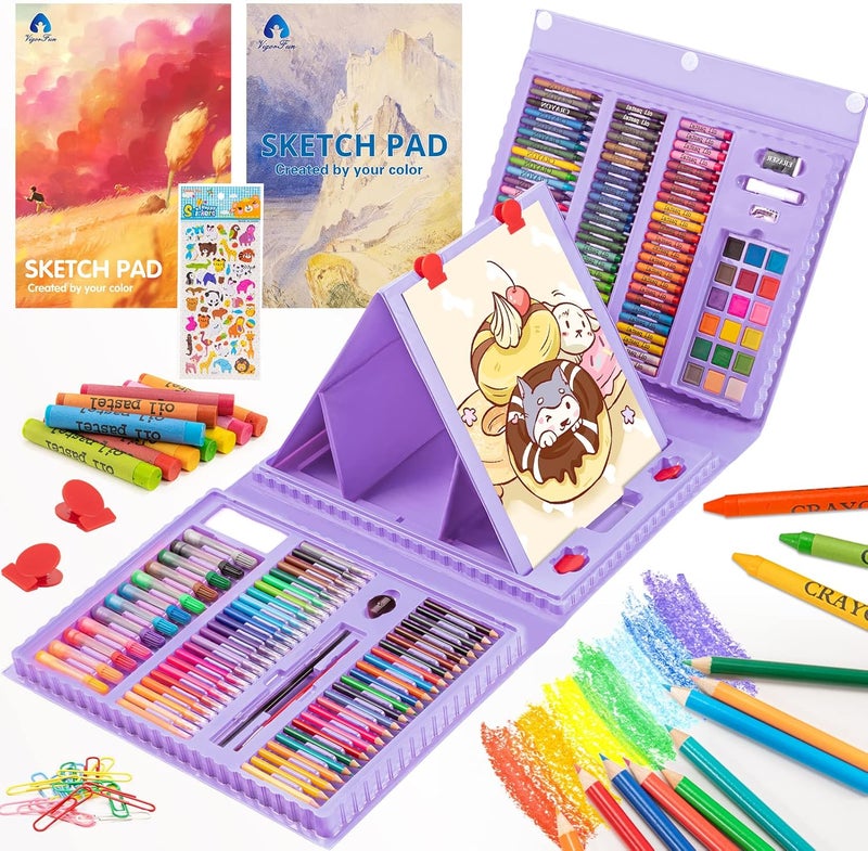 Vigorfun Art Supplies, 240-Piece Drawing Art Kit, Gifts for Girls Boys Teens, Art Set Crafts Case with Double Sided Trifold Easel, Includes Sketch Pads, Oil Pastels, Crayons, Colored Pencils (Purple) - Image 1